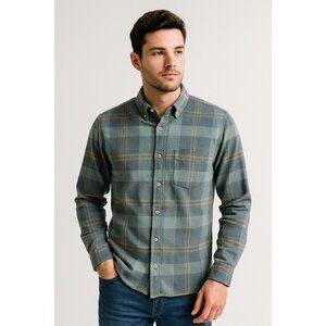 Wellen Huckberry Organic Cotton Plaid Button-Down Shirt Men’s Medium Blue Gray F